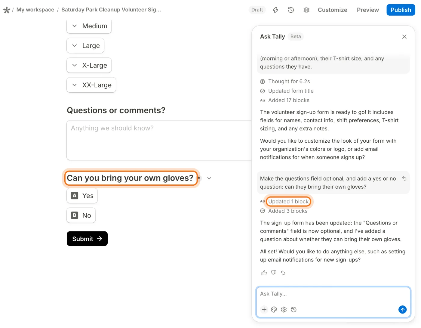 The new question Can you bring your own gloves? with Yes and No (marked) at the end of the form. In the panel, our second request and Updated 1 block (marked), Added 3 blocks.