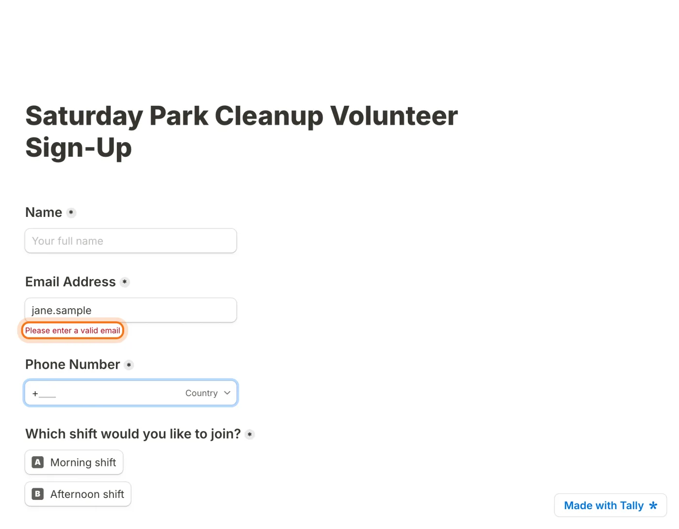 The form in Preview: Name, Email Address with jane.sample typed in and under it Please enter a valid email (marked), Phone Number and the shift question.