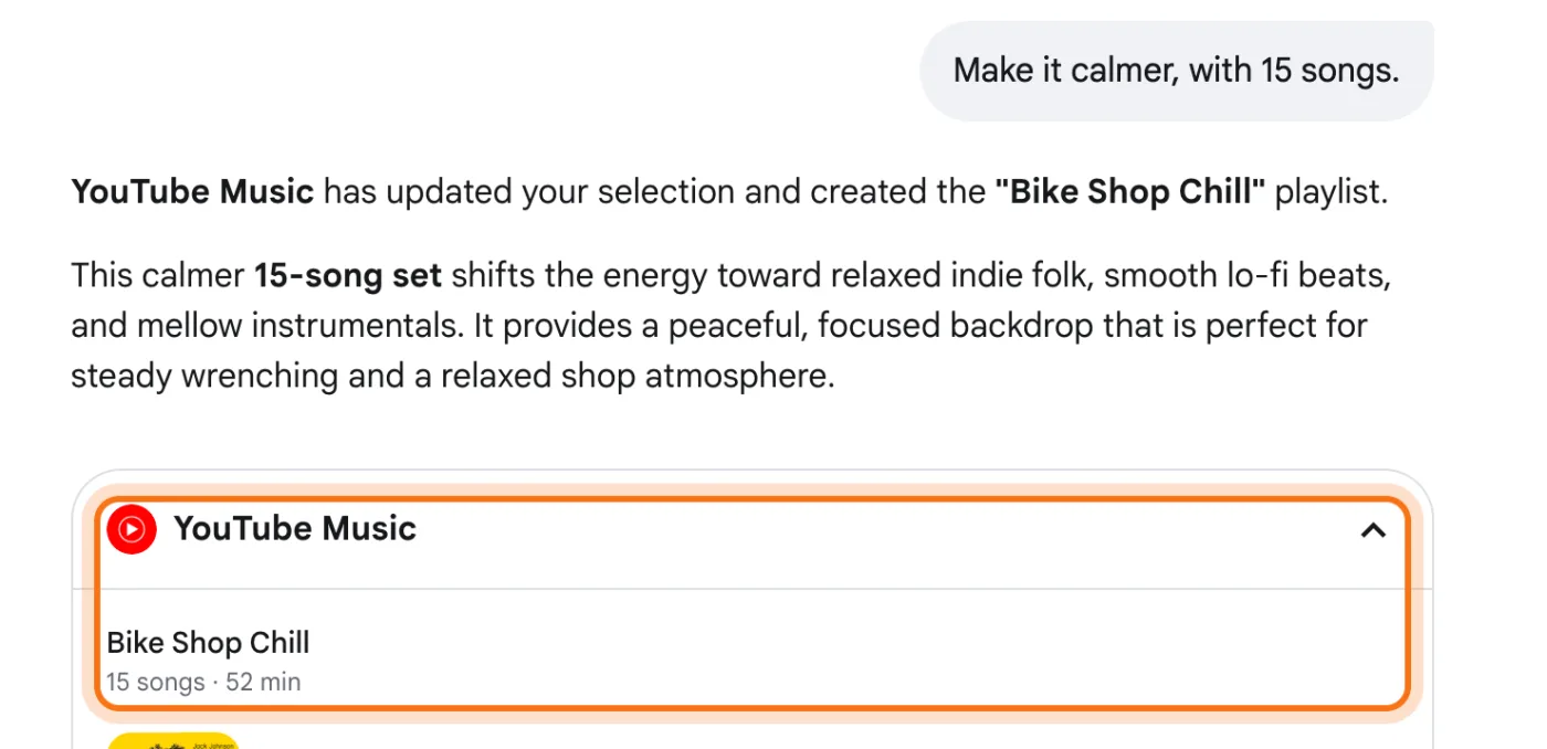 Dan's message Make it calmer, with 15 songs, AI Mode's answer, and a new YouTube Music card with its top marked: Bike Shop Chill, 15 songs, 52 min.