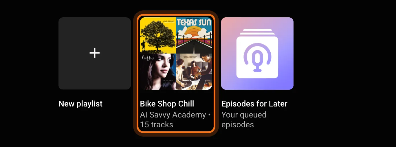 The playlists in the YouTube Music library: New playlist, Bike Shop Chill (AI Savvy Academy, 15 tracks), marked, and Episodes for Later.