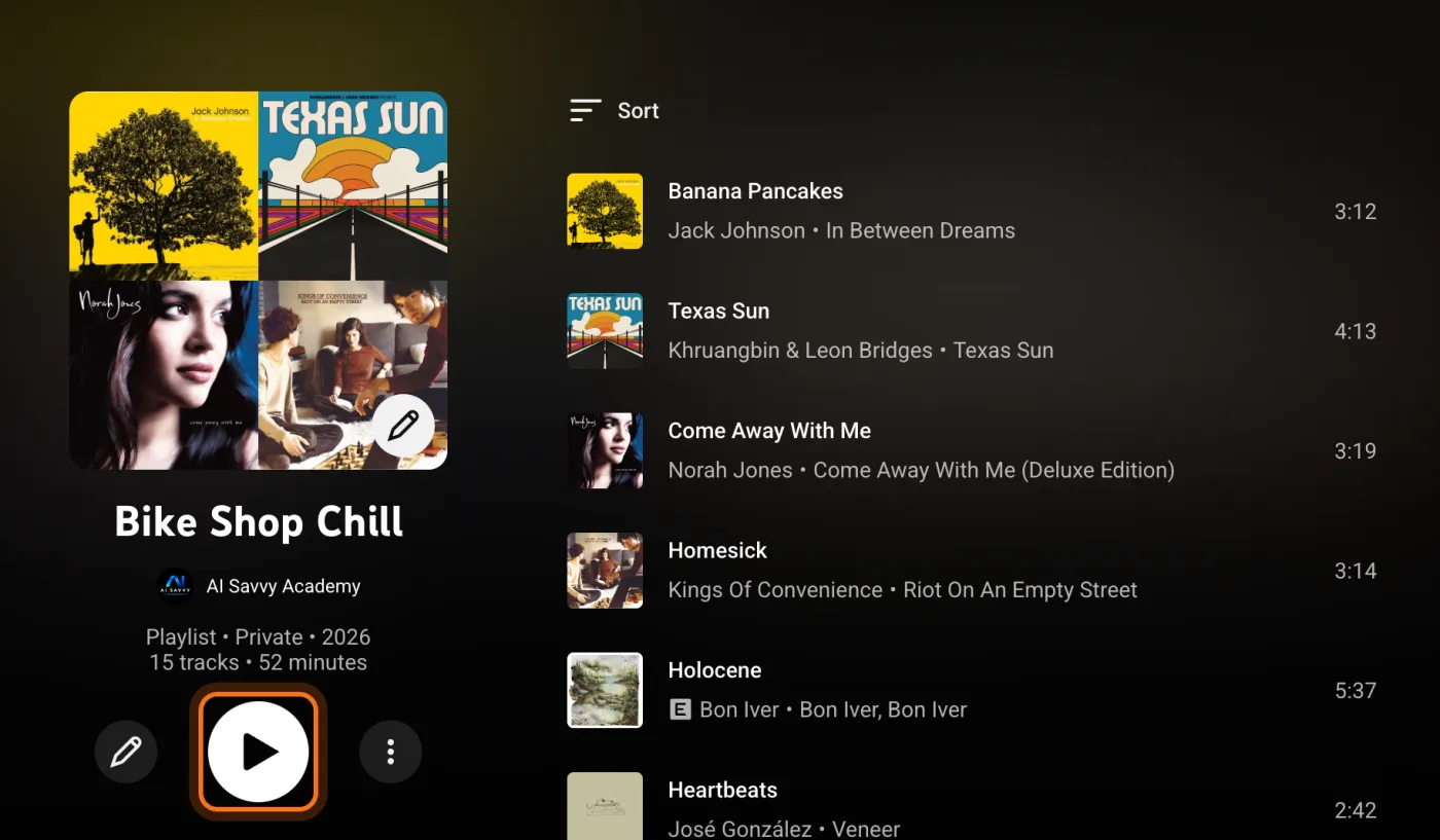 The Bike Shop Chill playlist in YouTube Music: Playlist, Private, 2026, 15 tracks, 52 minutes, the big play button marked, and the songs on the right, starting with Banana Pancakes by Jack Johnson.
