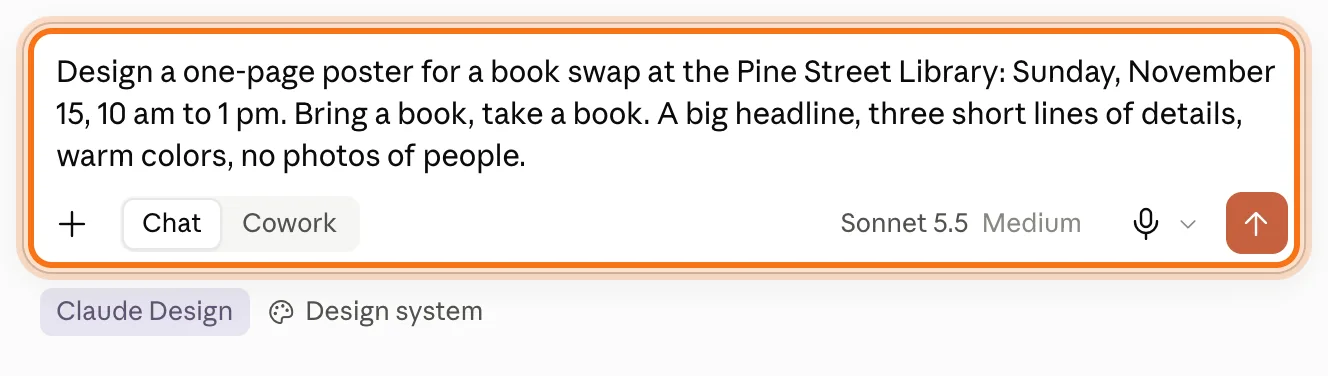 The request typed in the box, marked: Design a one-page poster for a book swap at the Pine Street Library. Under the box, the Claude Design label.