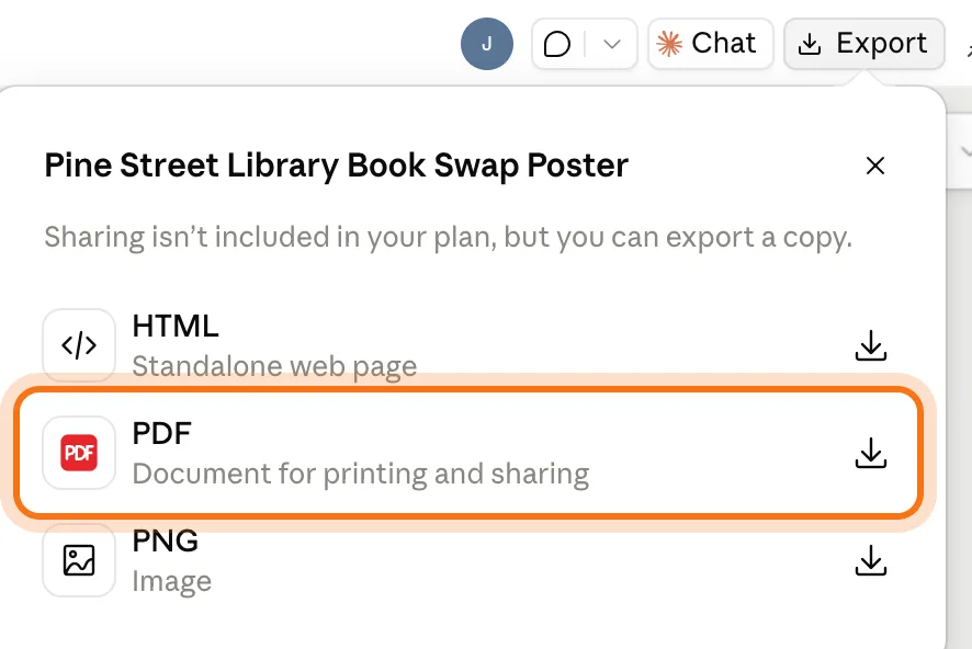 The Export panel: Sharing isn't included in your plan, but you can export a copy. HTML, PDF (marked), Document for printing and sharing, and PNG.