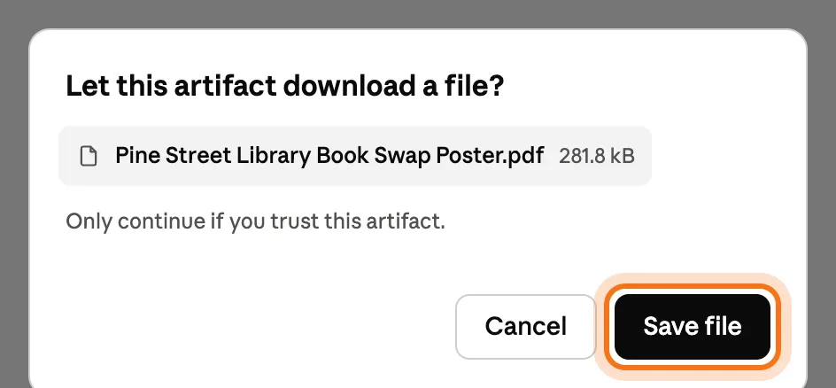 The question Let this artifact download a file?, with Pine Street Library Book Swap Poster.pdf, 281.8 kB, and the buttons Cancel and Save file (marked).