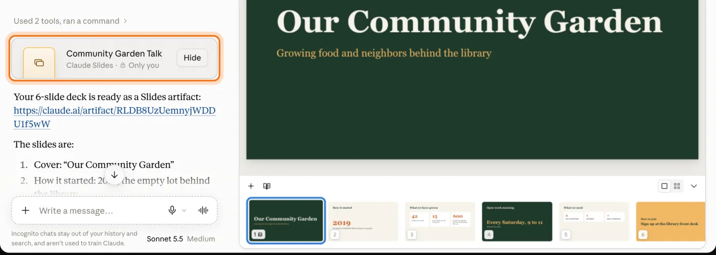 La tarjeta de la presentación en el chat, marcada: Community Garden Talk, Claude Slides, Only you. Al lado, la presentación abierta, con la portada Our Community Garden y las seis diapositivas abajo.