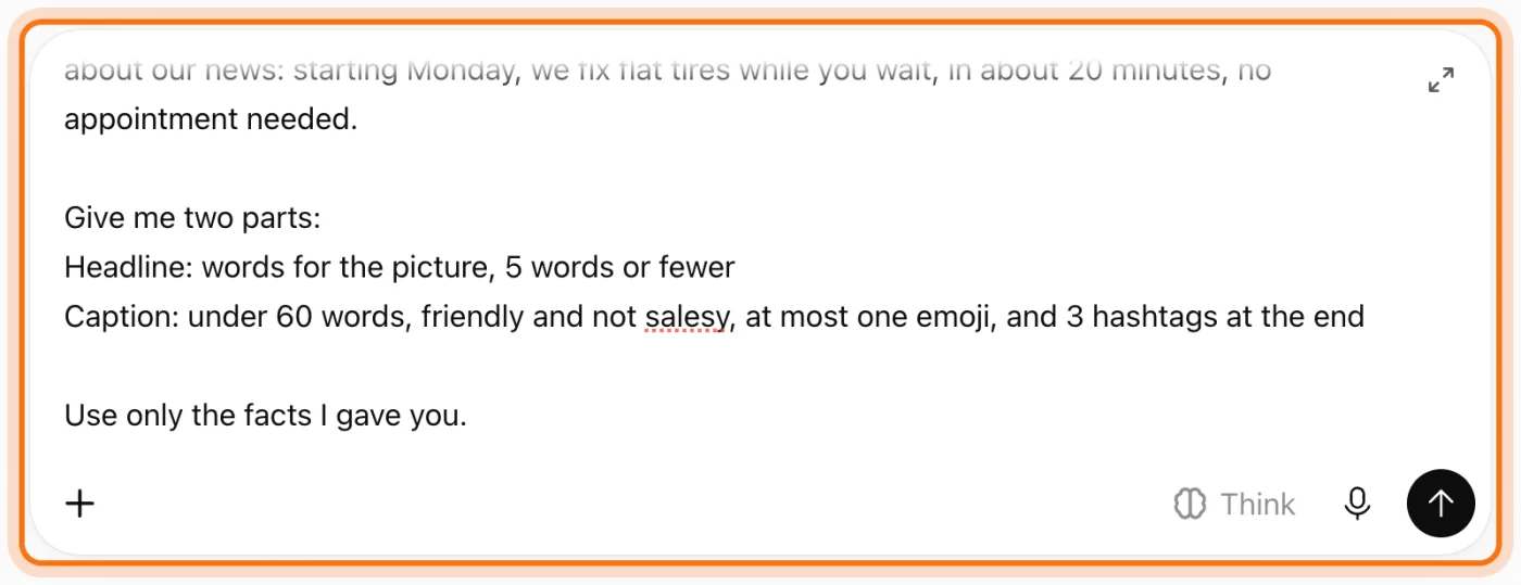 The ChatGPT message box, marked, with Dan's request for an Instagram post about flat tires fixed while you wait.