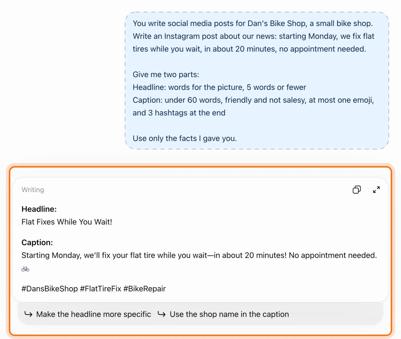Dan's request and ChatGPT's answer, marked: the headline "Flat Fixes While You Wait!" and a short caption with a bike emoji and #DansBikeShop #FlatTireFix #BikeRepair.
