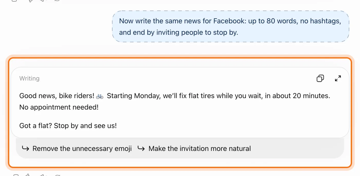"Now write the same news for Facebook" and ChatGPT's Facebook version, marked, ending with "Got a flat? Stop by and see us!"