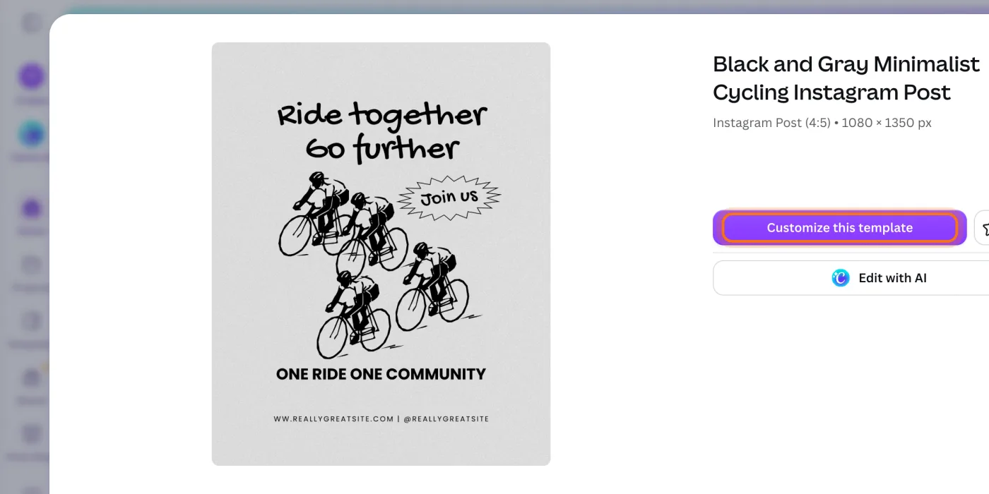 A Canva template preview, "Black and Gray Minimalist Cycling Instagram Post", Instagram Post (4:5), 1080 × 1350 px, with "Customize this template" marked.