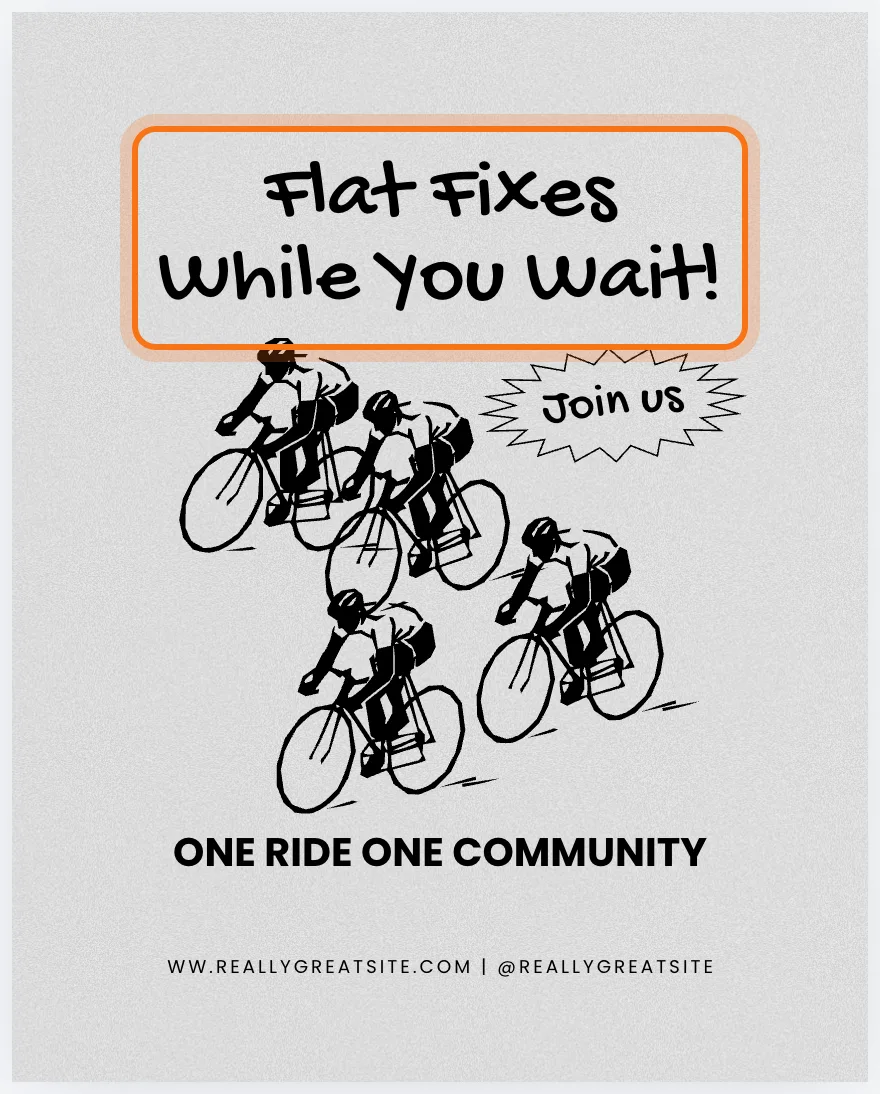 The Canva editor with the design, the new headline "Flat Fixes While You Wait!" marked at the top, above the drawing of the cyclists.
