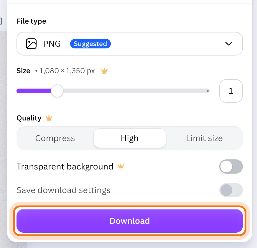 Canva's download panel: File type PNG, size 1,080 × 1,350 px, and the Download button marked.