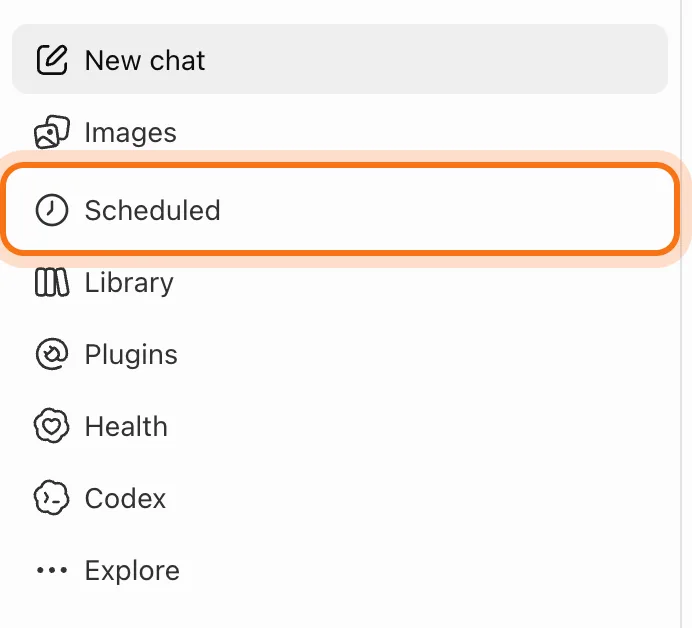 The top of ChatGPT's sidebar, with New chat, Images, Scheduled, Library, Plugins, Health, Codex and Explore, and Scheduled marked.