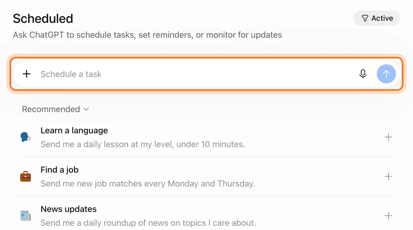 The Scheduled page: Ask ChatGPT to schedule tasks, set reminders, or monitor for updates, the Schedule a task box marked, and Recommended ideas under it.