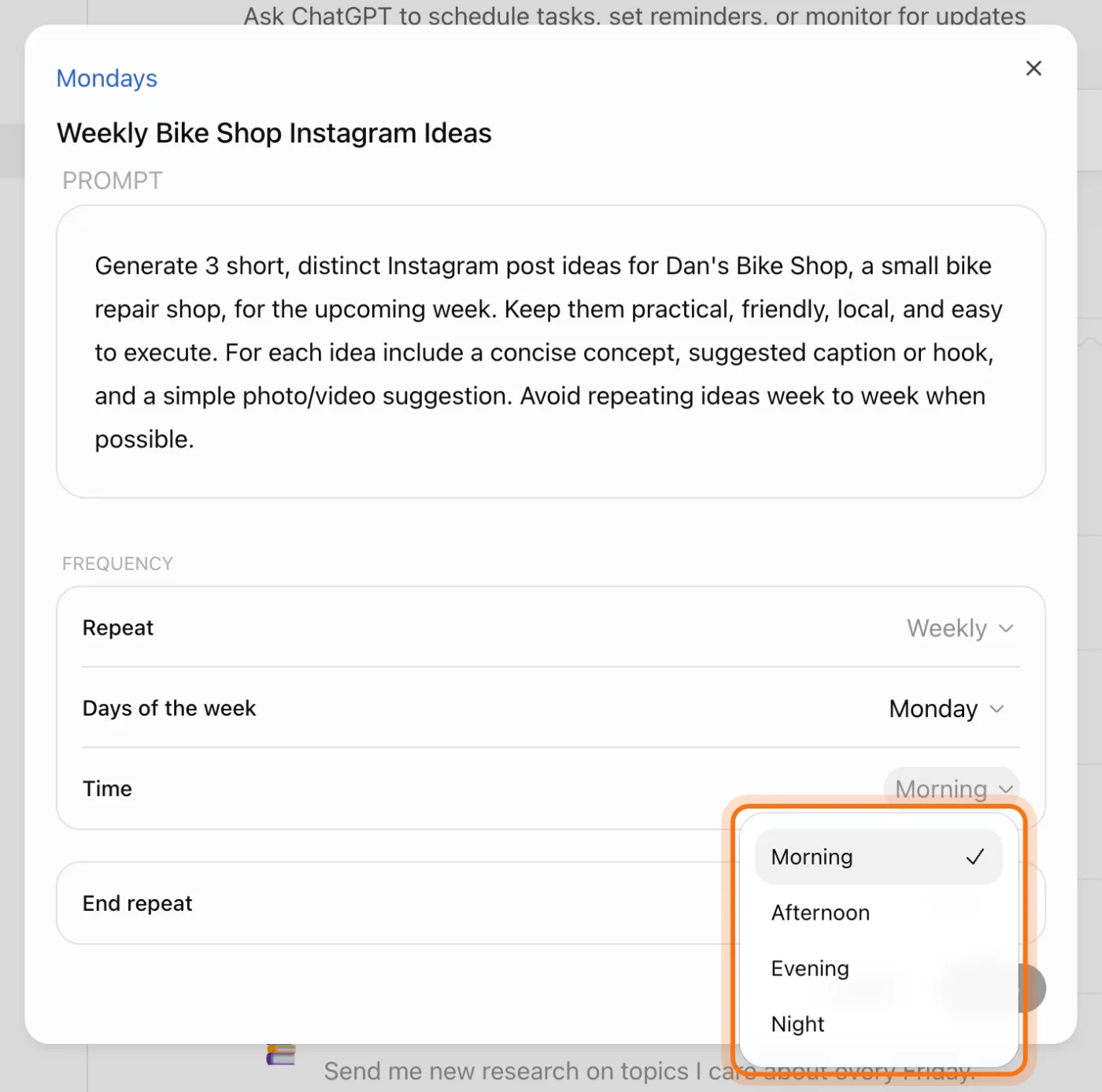 The Edit task window for Weekly Bike Shop Instagram Ideas, with its prompt, Repeat Weekly, Days of the week Monday, and the Time list open and marked: Morning, Afternoon, Evening, Night.