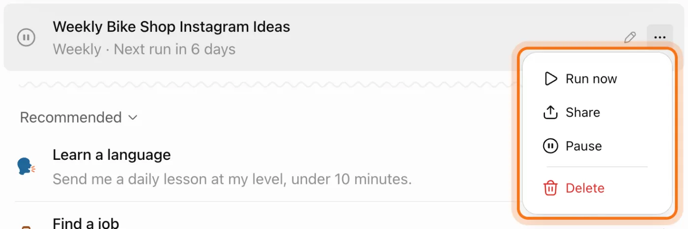 The task's three-dots menu, marked: Run now, Share, Pause and Delete.