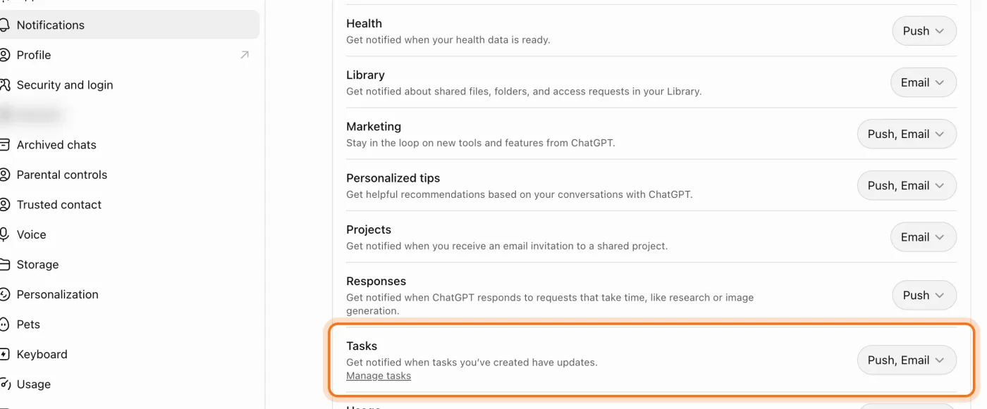 Settings, Notifications, with the Tasks row marked: Get notified when tasks you've created have updates, Manage tasks, and Push, Email.