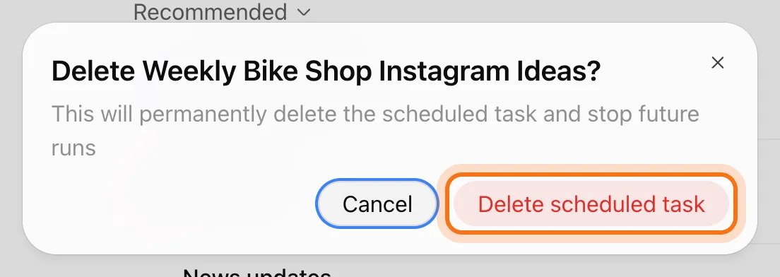 The window Delete Weekly Bike Shop Instagram Ideas?, This will permanently delete the scheduled task and stop future runs, with Delete scheduled task marked next to Cancel.