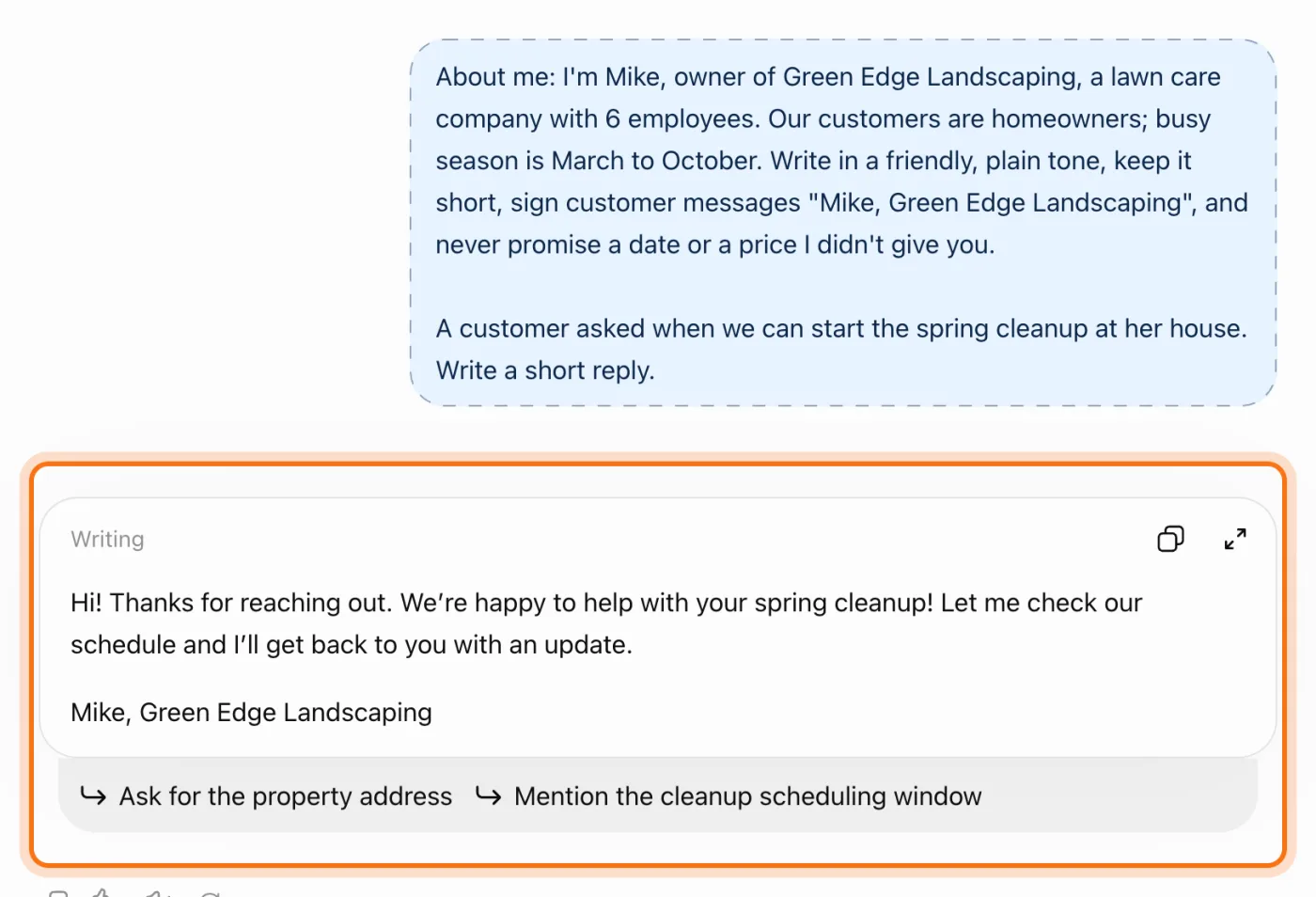 Un chat temporal en ChatGPT con el contexto y el pedido de Mike, y una respuesta corta firmada "Mike, Green Edge Landscaping", marcada.