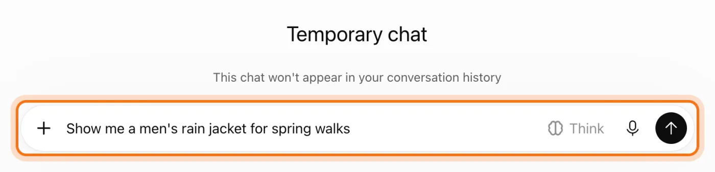 Un Temporary chat en ChatGPT, con la nota This chat won't appear in your conversation history, y el cuadro de mensaje marcado, con Show me a men's rain jacket for spring walks.