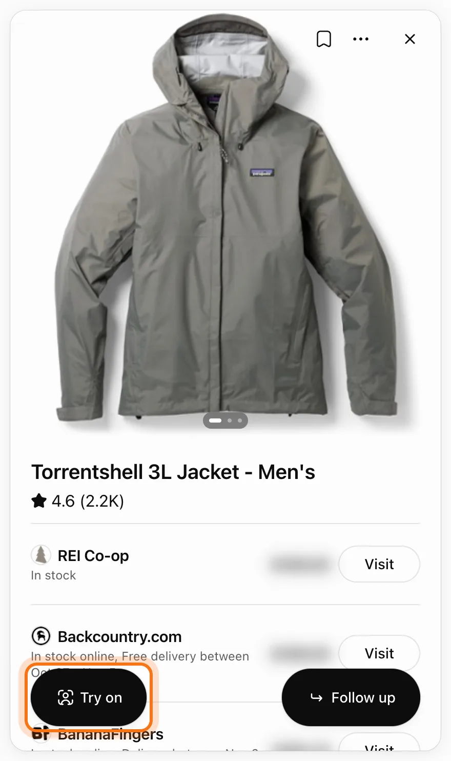 El panel del producto Torrentshell 3L Jacket - Men's: una foto grande, el nombre y la calificación, las tiendas con precios difuminados y botones Visit, y abajo el botón Try on, marcado, junto a Follow up.