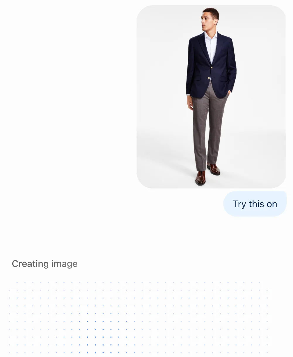 De nuestra prueba del 10/06: el mensaje Try this on con la foto de la tienda de un saco azul marino en un modelo, y debajo Creating image, con una zona punteada donde aparece la imagen.
