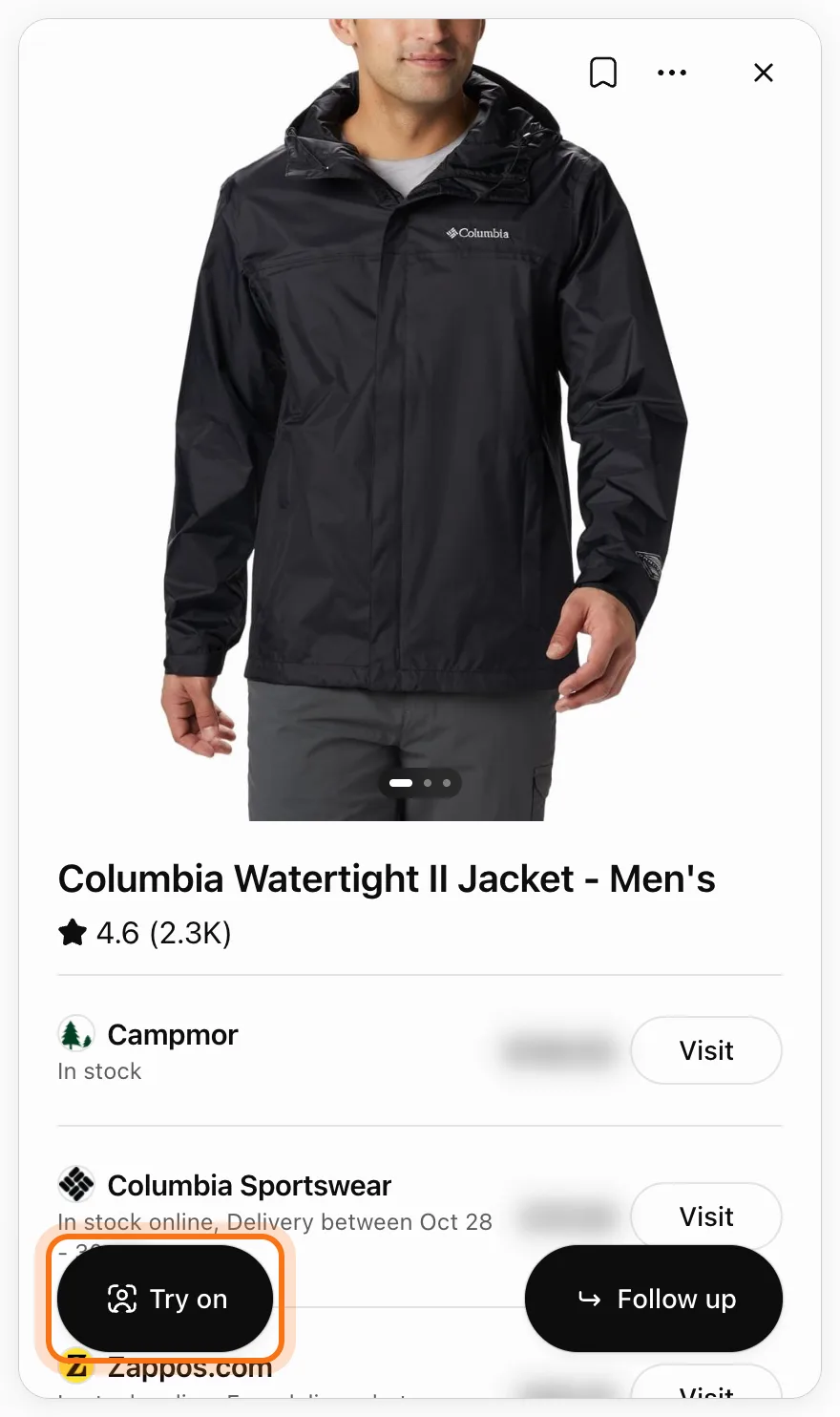 El panel del producto de la segunda chaqueta, la Columbia Watertight II Jacket - Men's, con su foto, las tiendas con precios difuminados, y el botón Try on marcado.
