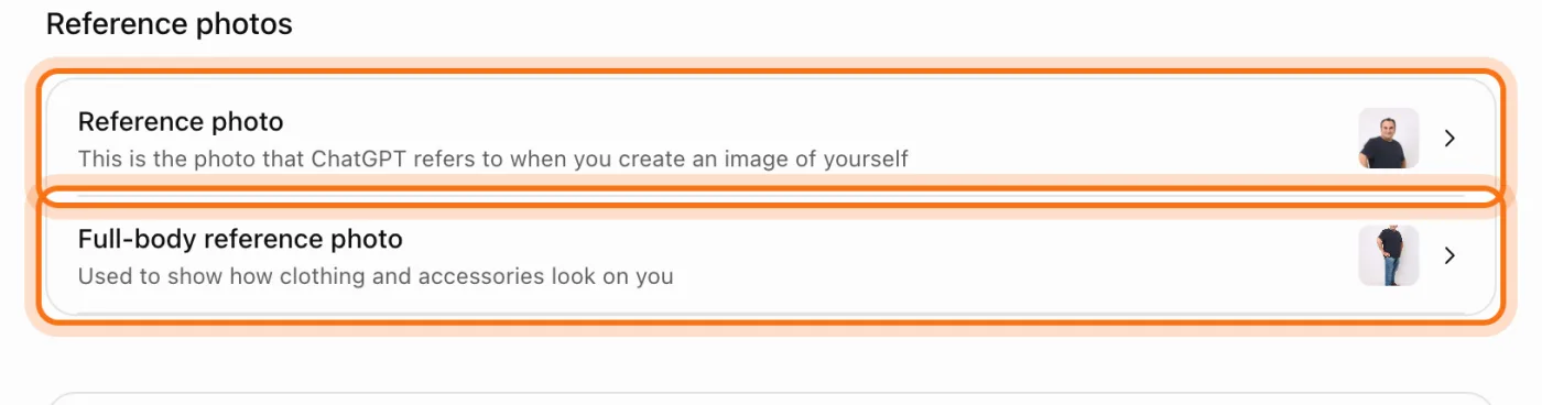 La sección Reference photos de Settings, con dos filas marcadas: Reference photo, This is the photo that ChatGPT refers to when you create an image of yourself, y Full-body reference photo, Used to show how clothing and accessories look on you, cada una con una miniatura.
