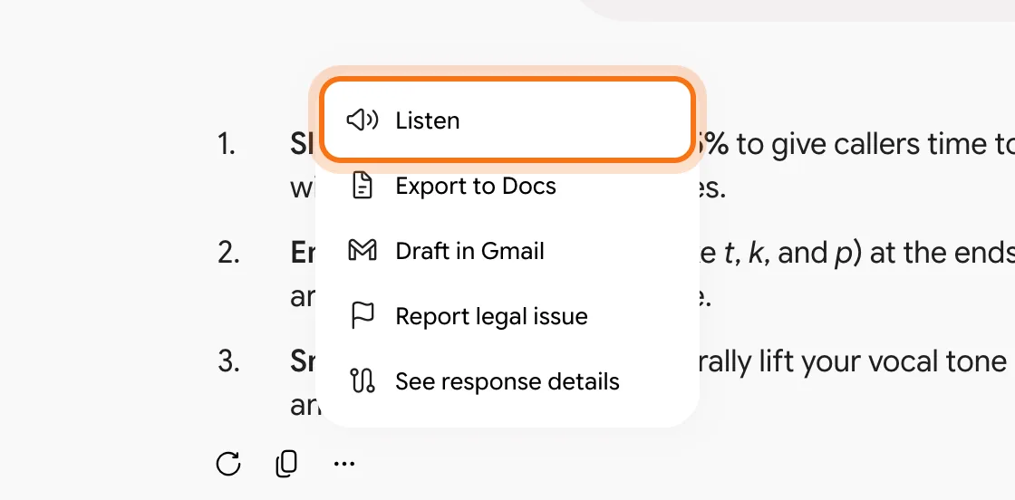 The menu under a Gemini answer open, with "Listen" marked.