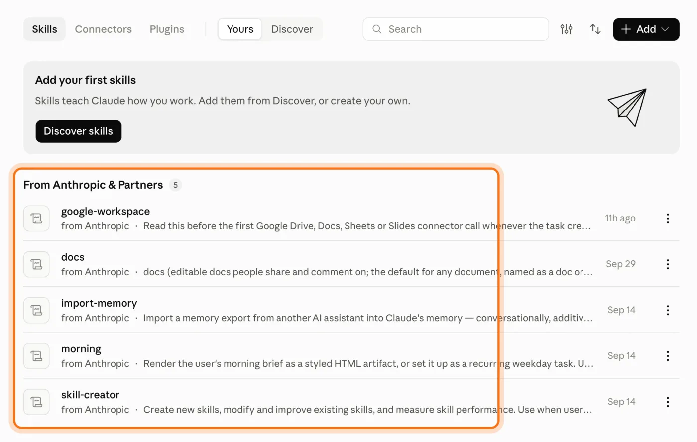 The Customize page with the Skills tab and "Yours" open, and the Skills from Anthropic marked.