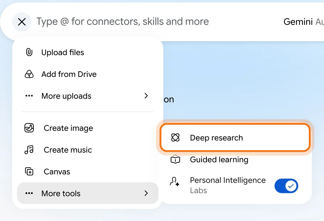 Gemini's + menu with More tools open, and "Deep research" marked.