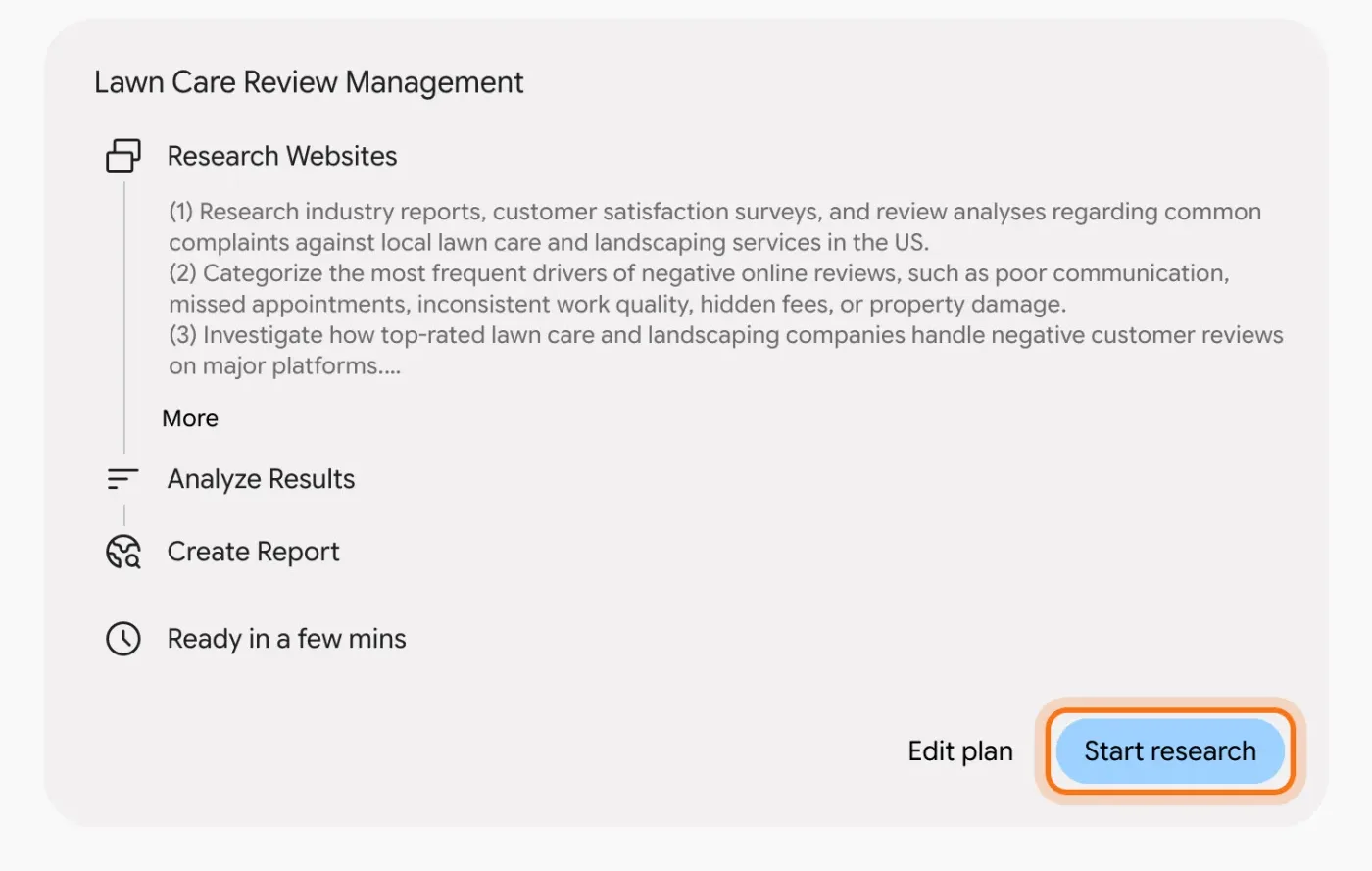 Gemini's research plan with its steps, and the "Start research" button marked next to "Edit plan".