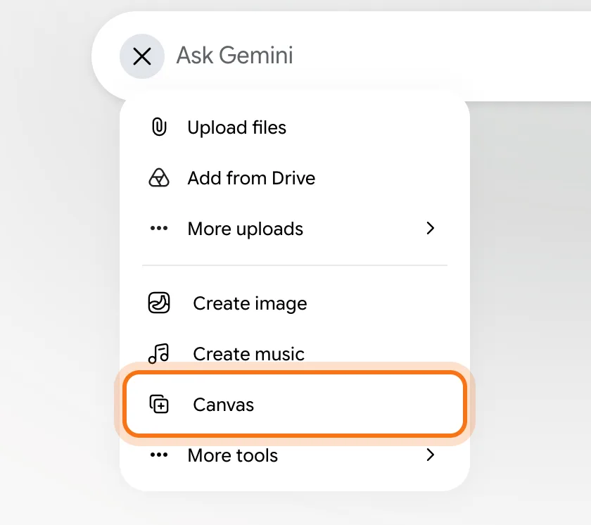 El menú que se abre con el botón + en Gemini: Upload files, Add from Drive, More uploads, Create image, Create music, Canvas y More tools, con Canvas marcado.