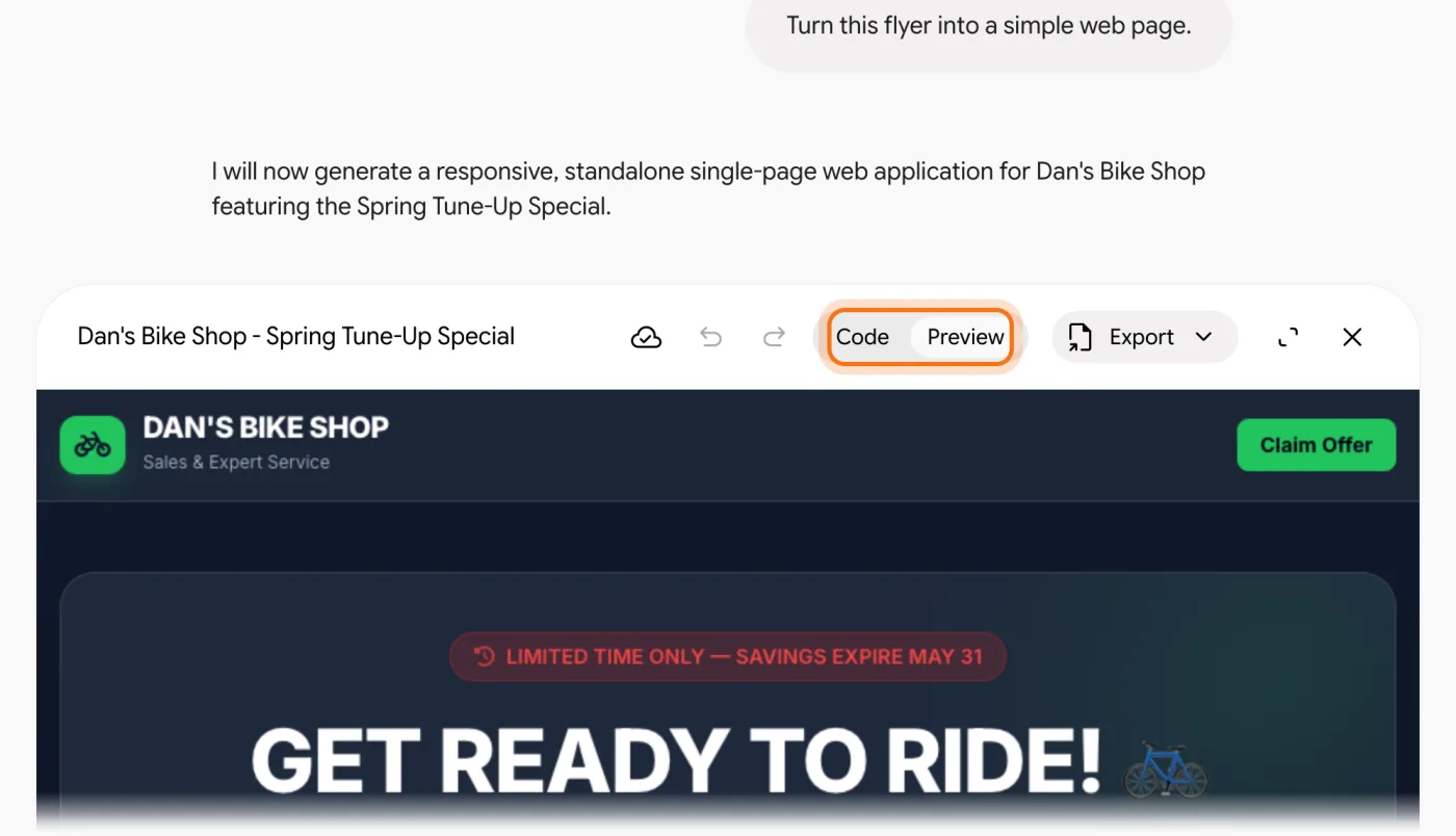 La solicitud de Dan, Turn this flyer into a simple web page, y la página web en Canvas, con Code y Preview marcados arriba.