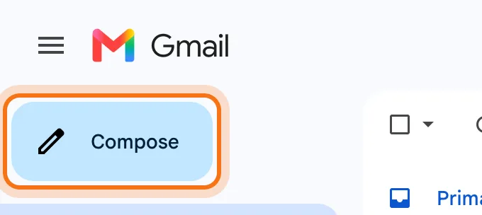 The top left of Gmail, with the Gmail logo and the Compose button marked.