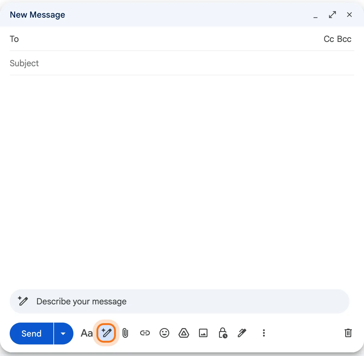 An empty New Message window, with the Describe your message box at the bottom and the Help me write button marked in the toolbar.