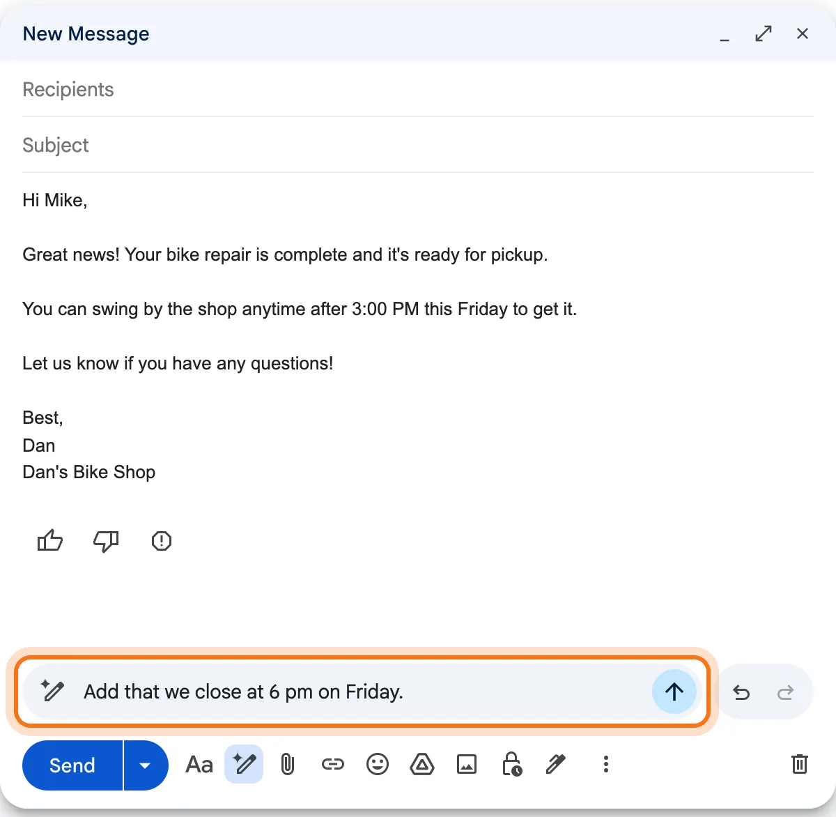 The same draft, with the Describe your change box marked and the request typed in it: Add that we close at 6 pm on Friday.
