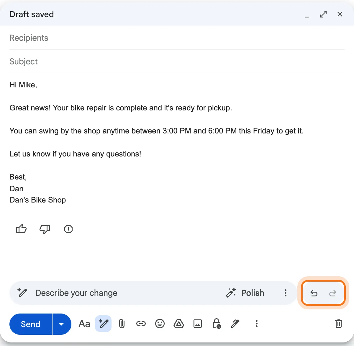 The changed draft, now with pickup between 3:00 PM and 6:00 PM this Friday, and the Undo and Redo arrows marked at the right of the box.