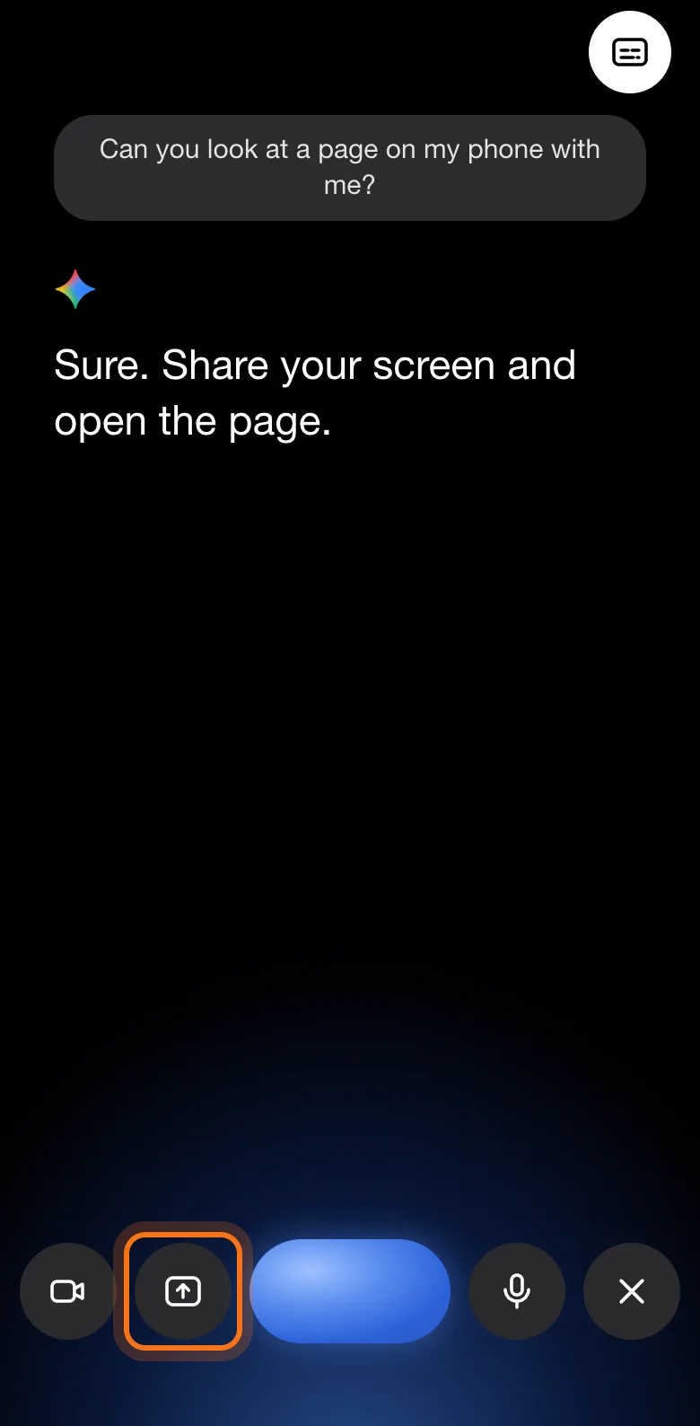 La pantalla de Live con Dan preguntando "Can you look at a page on my phone with me?" y el botón de compartir pantalla abajo marcado.