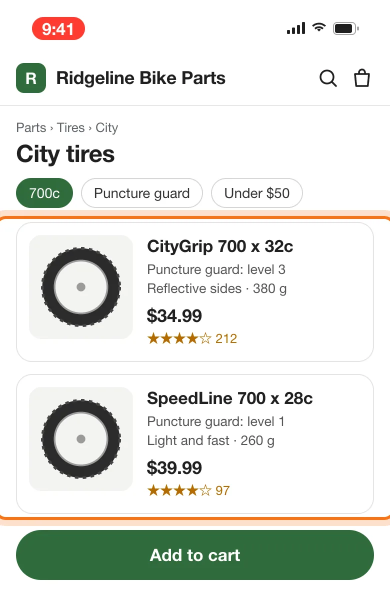 Una página de repuestos de bicicleta con dos llantas para ciudad, CityGrip y SpeedLine, marcadas, y la hora arriba del iPhone en rojo mientras se comparte la pantalla.