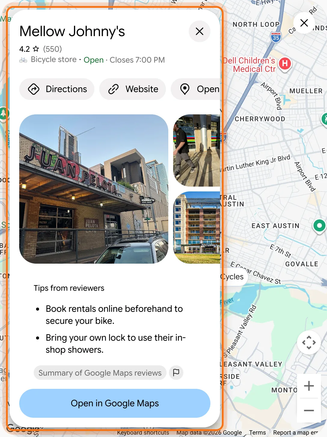A map of Austin, with the details of one bike shop marked over it: its rating, Open, Directions, Website, photos, what people talk about in reviews, and Open in Google Maps.