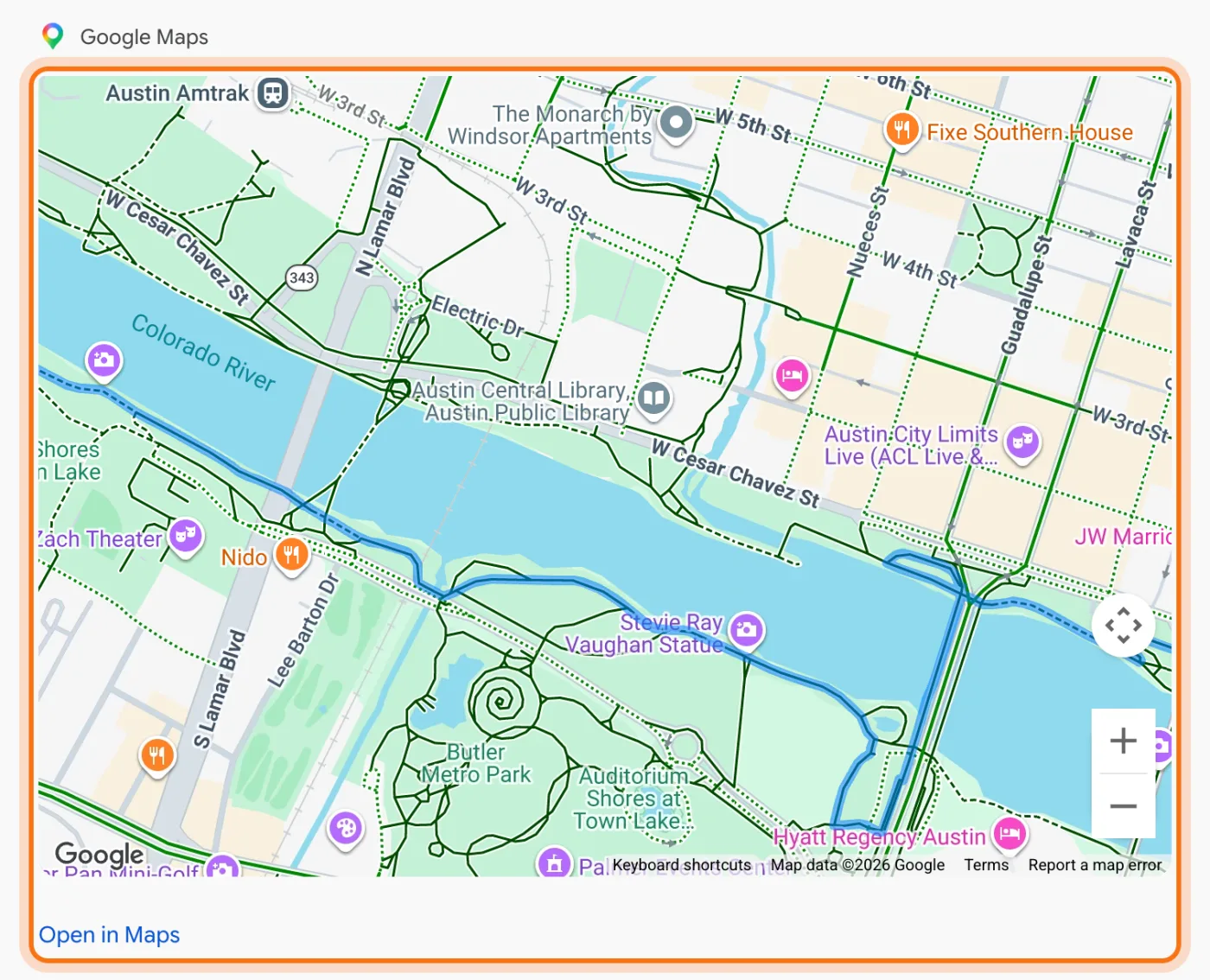 Dan's request for biking directions from Zilker Park to the Texas State Capitol, and the map in Gemini's answer, marked, with the route and Open in Maps.