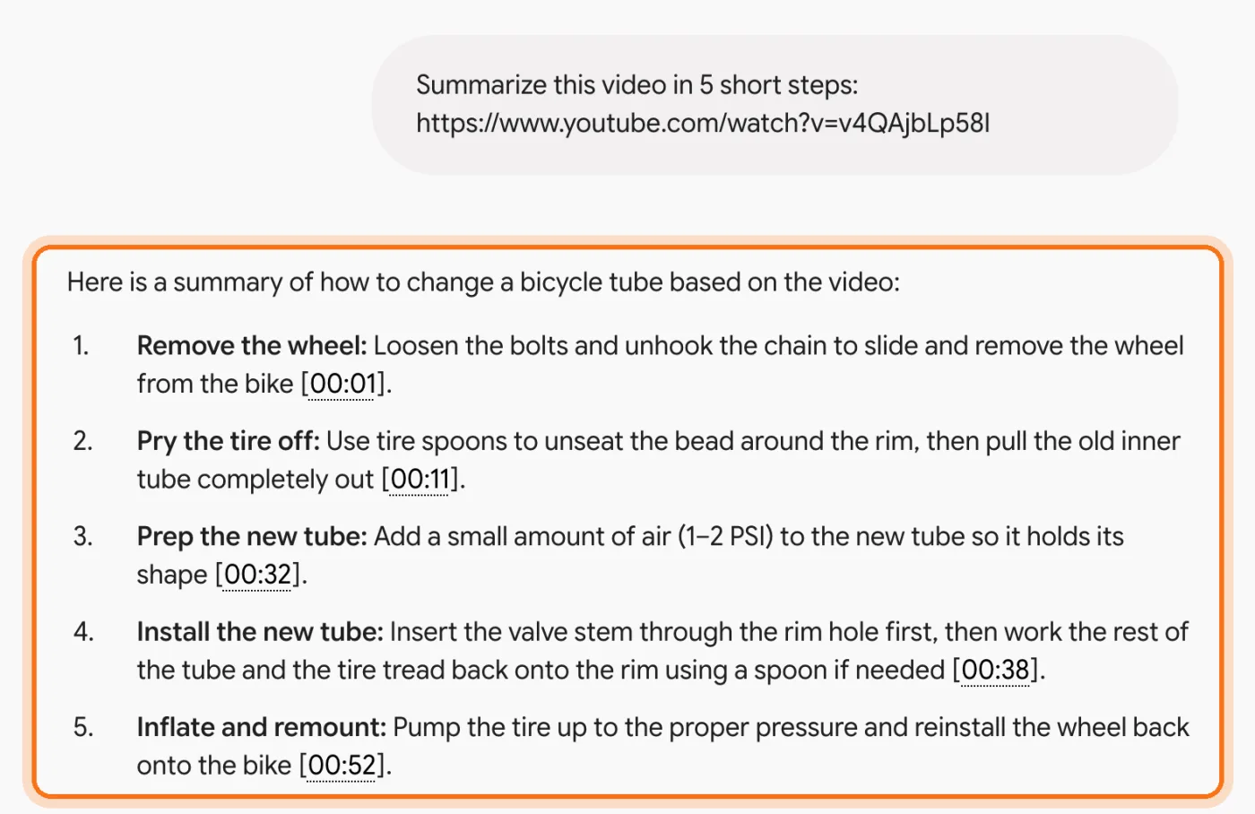 Dan's request with a YouTube link, and Gemini's answer marked: 5 short steps to change a bike tube, each with the minute in the video.