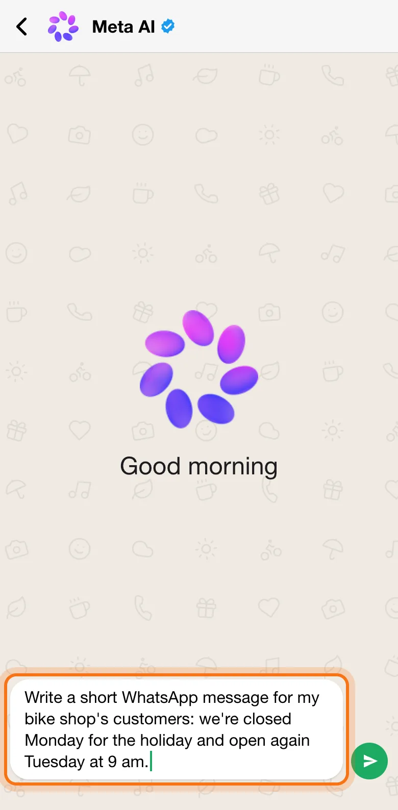 The chat with Meta AI, with its purple icon and "Good morning", and Dan's request in the message box, marked.