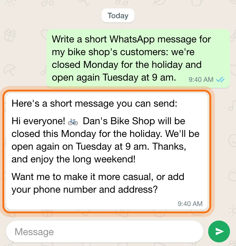 Meta AI's answer, marked: a short message saying Dan's Bike Shop is closed Monday and open again Tuesday at 9 am, and an offer to make it more casual.