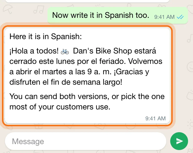 "Now write it in Spanish too." and Meta AI's answer, marked: the same holiday message in Spanish.