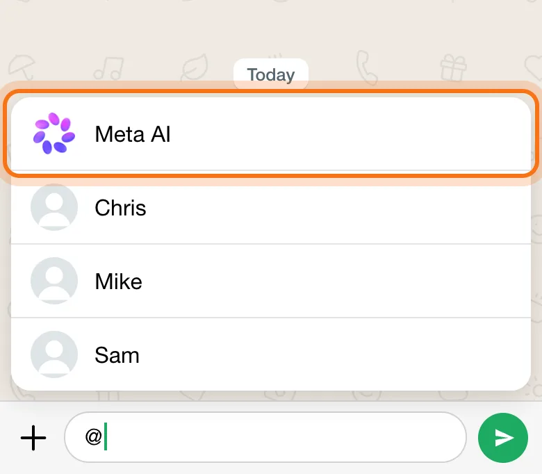 The "Sunday Riders" group with @ typed in the message box and the list that opens, with Meta AI at the top marked.
