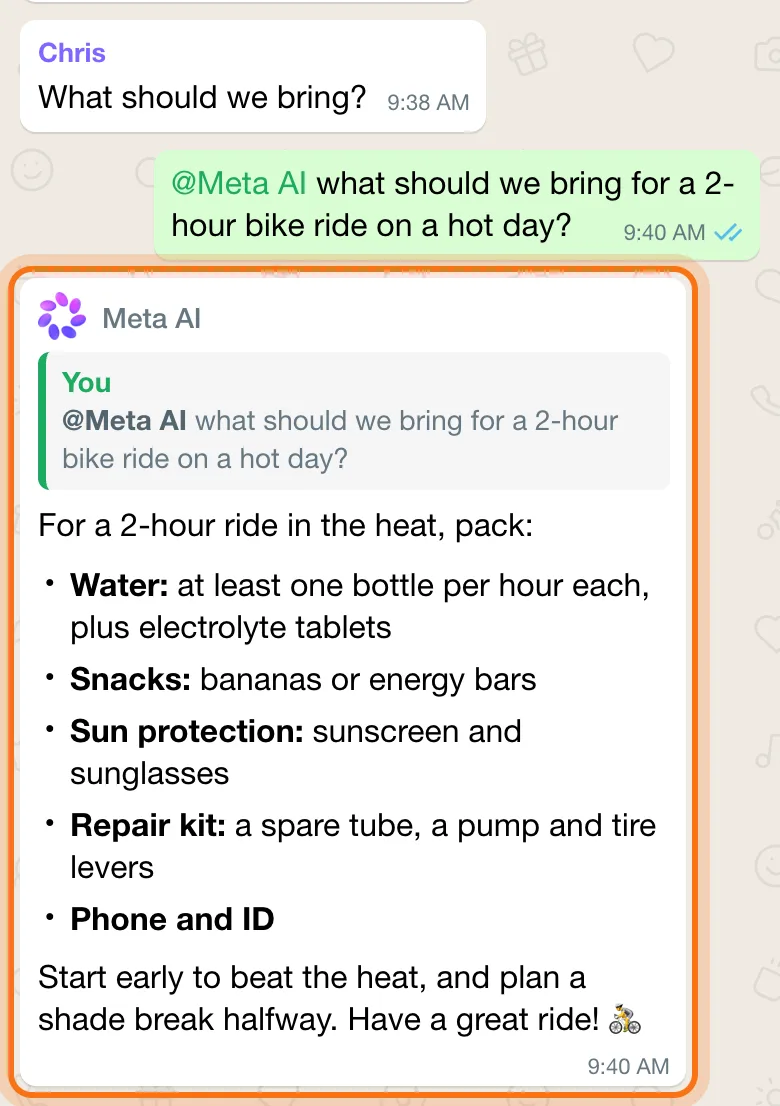 Dan's message "@Meta AI what should we bring for a 2-hour bike ride on a hot day?" and Meta AI's reply in the group, marked: water, snacks, sun protection, a repair kit, and a phone and ID.