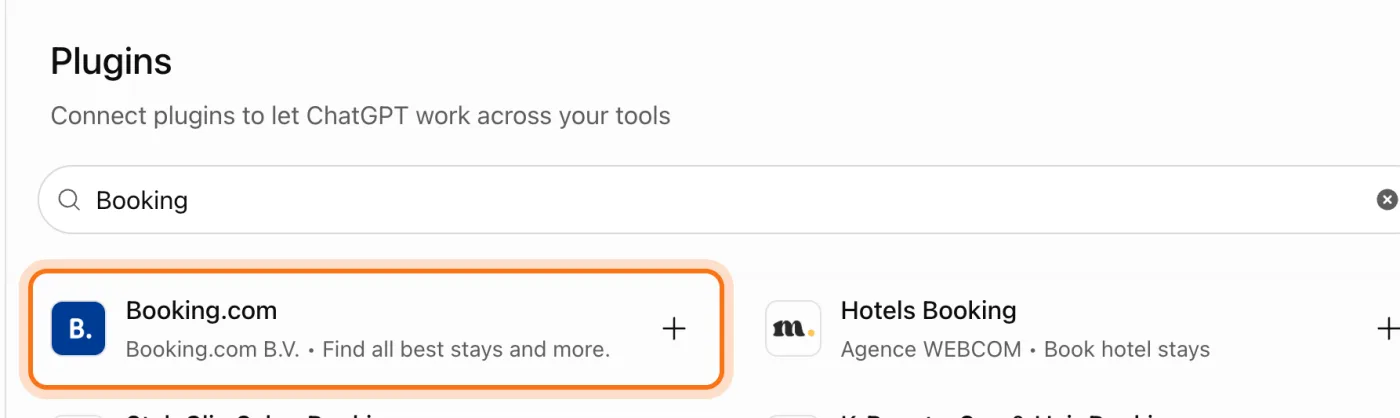La página Plugins con "Booking" escrito en el cuadro de búsqueda, y la tarjeta de Booking.com, de Booking.com B.V., marcada.