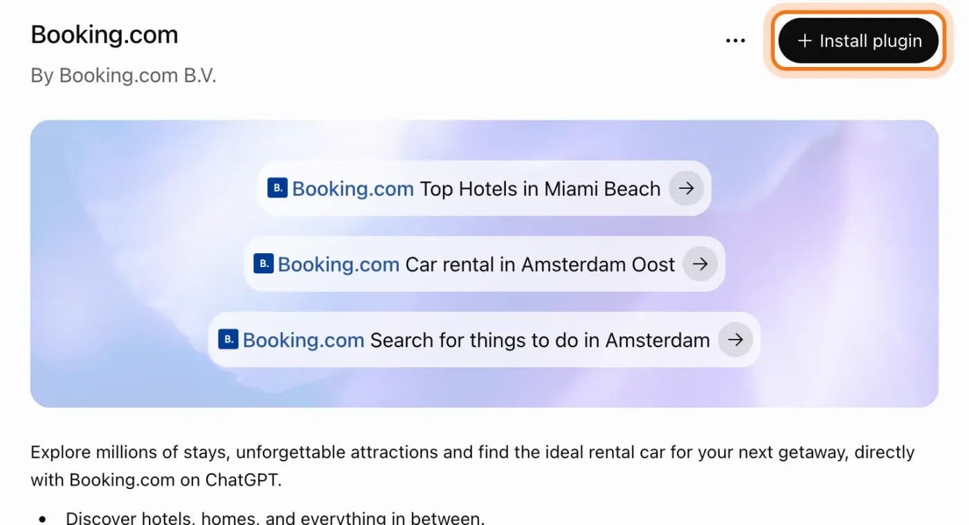 La página del plugin de Booking.com, con pedidos de ejemplo de hoteles, alquiler de autos y cosas para hacer, y el botón Install plugin marcado.