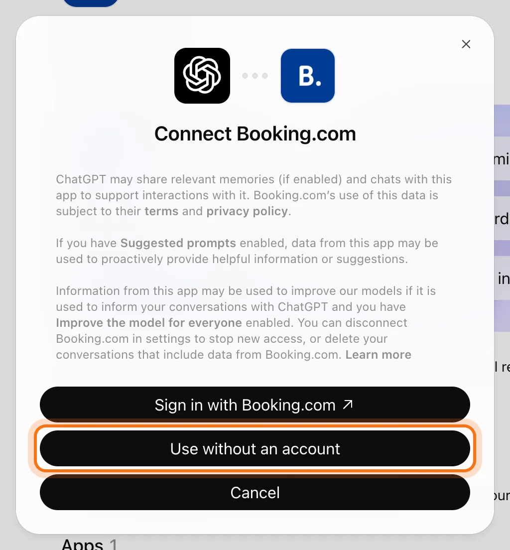 La ventana Connect Booking.com, con la nota sobre lo que ChatGPT puede compartir, y el botón Use without an account marcado, entre Sign in with Booking.com y Cancel.